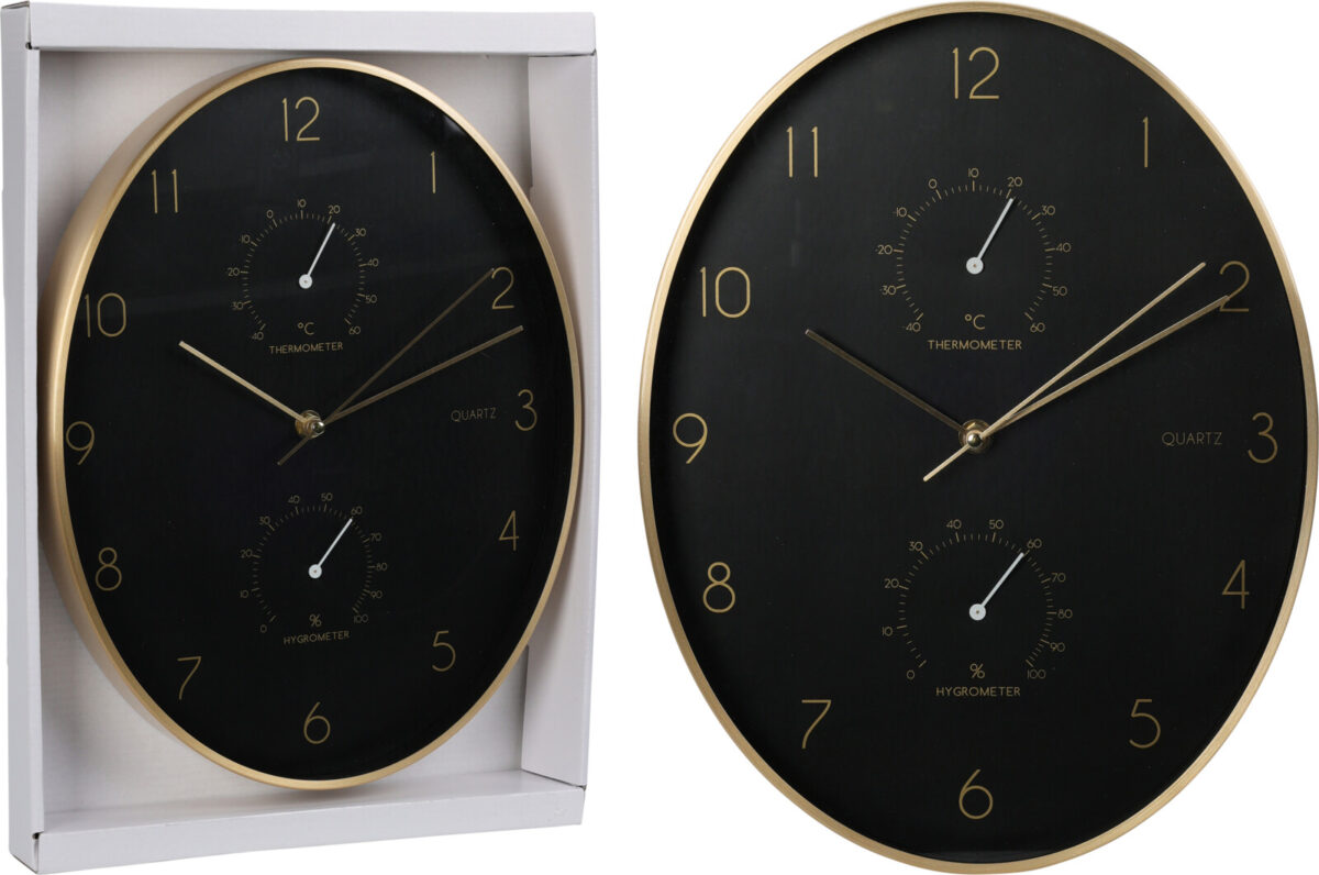 Wandklok ovaal 35cm met hygrometer en thermometer zwart/goud