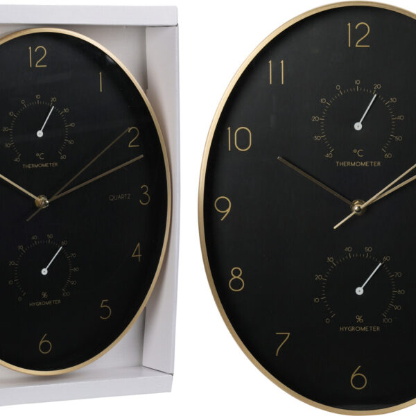 Wandklok ovaal 35cm met hygrometer en thermometer zwart/goud