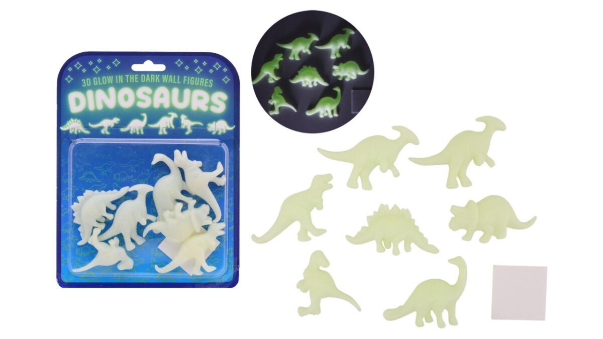 Glow in the dark 3D muur dino's 7 stuks op kaart