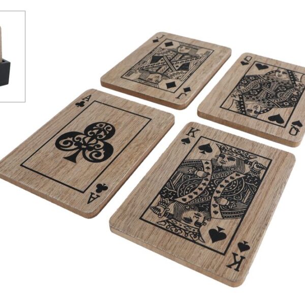 Onderzetter Card Game s4 in houder naturel/zwart hout 9x10,5