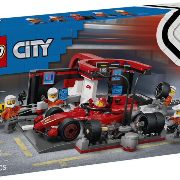 LEGO City F1 pitstop en pitcrew met Ferrari auto