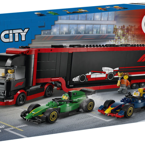 LEGO City F1 truck met RB20 en AMR24 F1 auto's